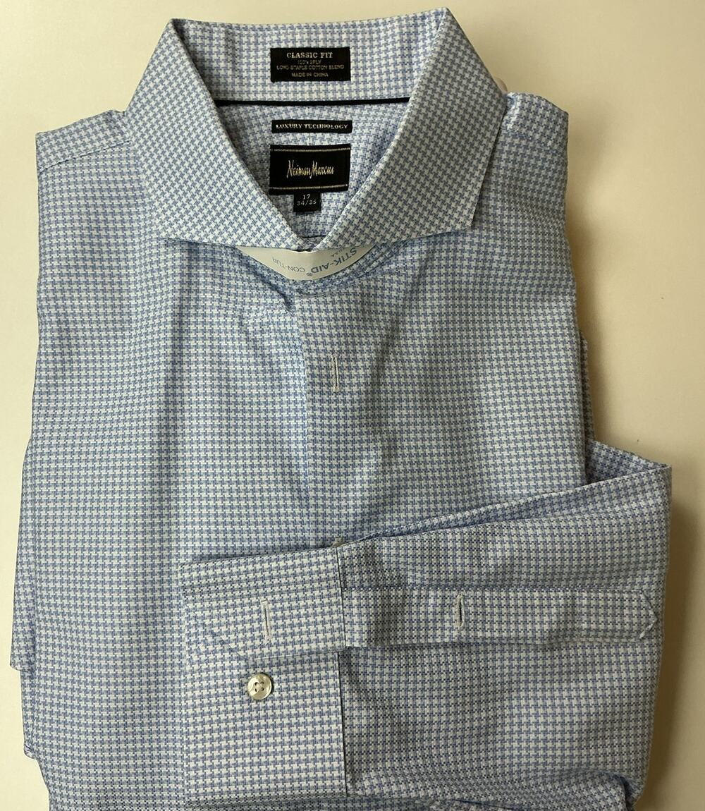 Neiman Marcus Dress Shirt 17 35 Blue Houndstooth Luxury Tech EUC Long Sleeve
